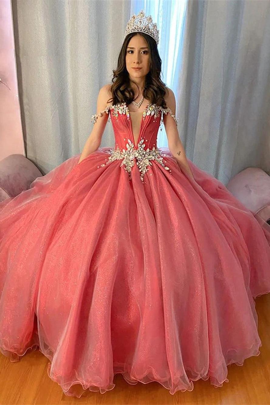 Elegant Off Shoulder Appliques Beaded Watermelon Pink Tulle Princess Gown Quinceanera Dress For Sweet 16