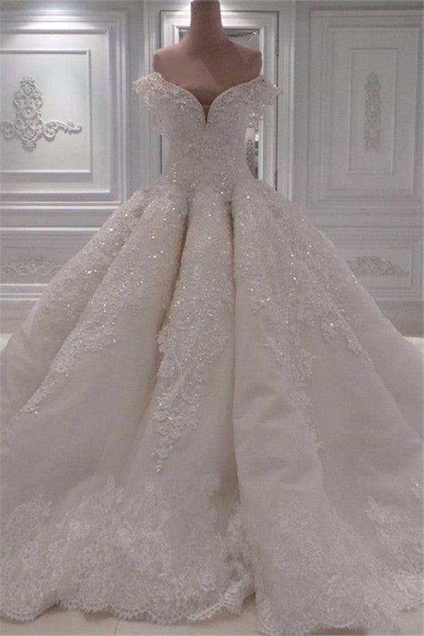 Elegant Off Shoulder Lace Wedding Dresses  | Glamorous Beaded Bridal Ball Gown