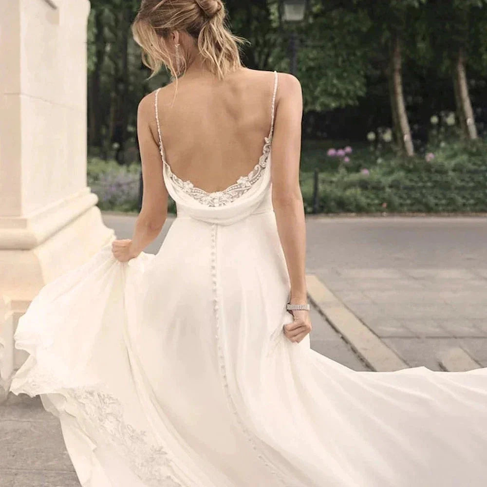 Elegant Off Shoulder Sleeveless Mopping Backless Wedding Dresses For Women Spaghetti Straps Bride Gown Appliques Backless Bridal (ZD14233)