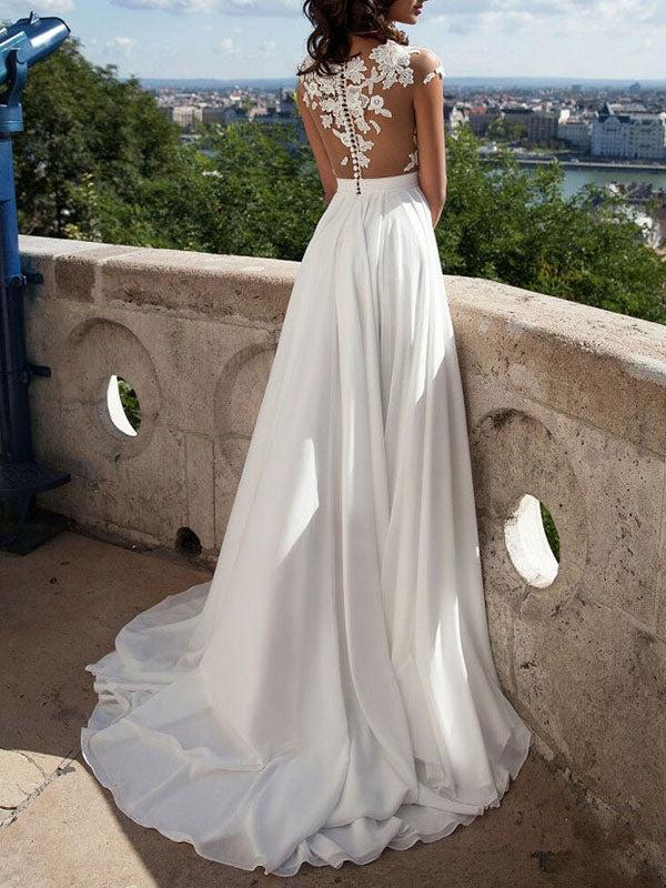 Elegant Off The Shoulder White Split Ruffles Beach Wedding Dresses WIth Lace Appliques