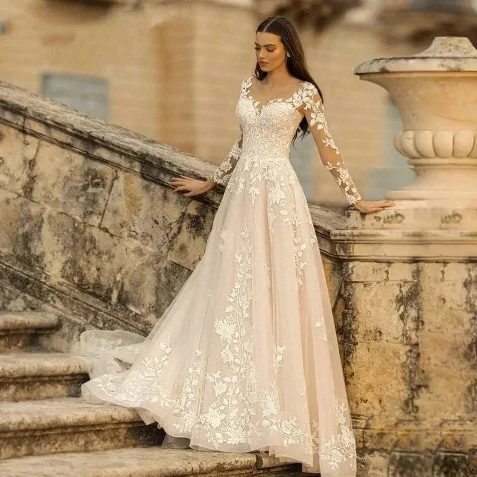 Elegant Round Neck Wedding Dresses 2023 Lace Long Sleeve Decal A-line  Fashion Women's Bridal Dress Robe Back Strap Design De (ZD14192)