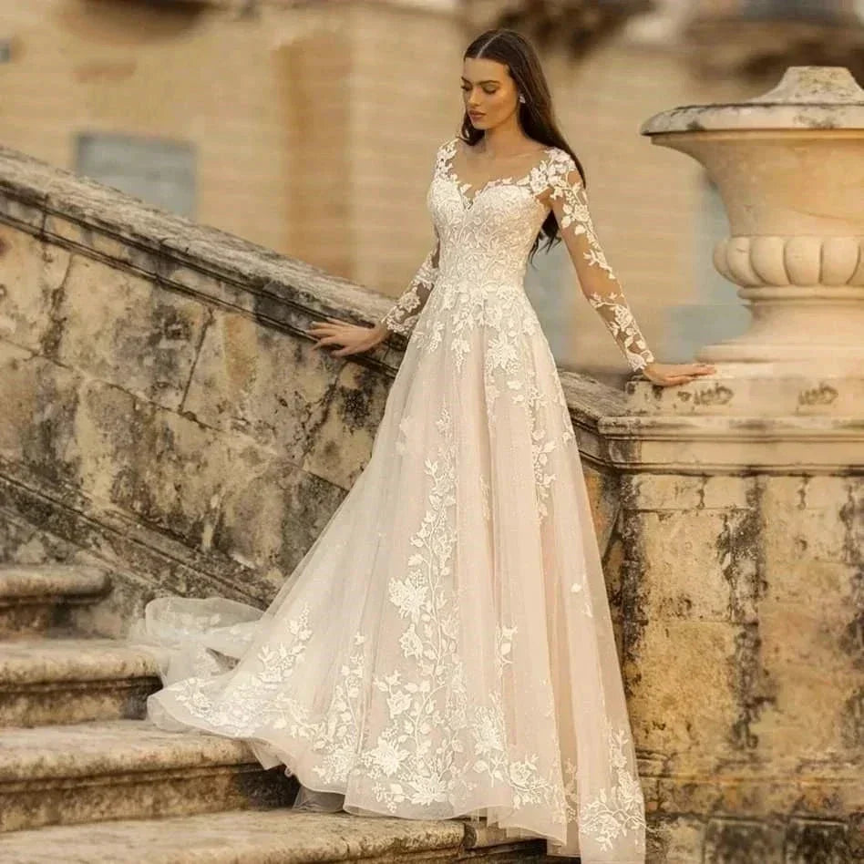 Elegant Round Neck Wedding Dresses 2023 Lace Long Sleeve Decal A-line Fashion Women's Bridal Dress Robe Back Strap Design De (ZD14192) - VelvetHem