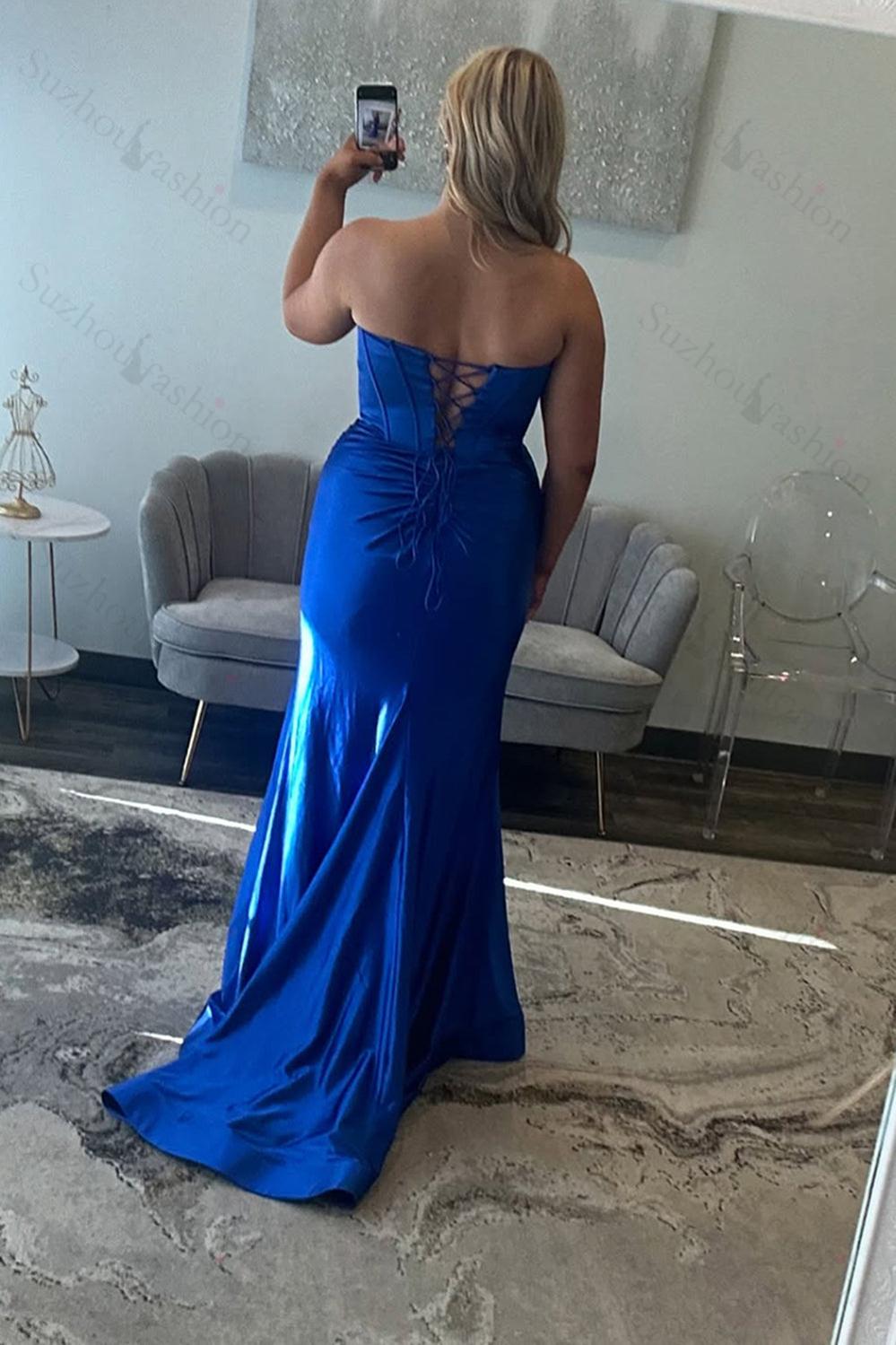 Elegant Royal Blue Prom Dress Satin Corset Formal Dress With Slit