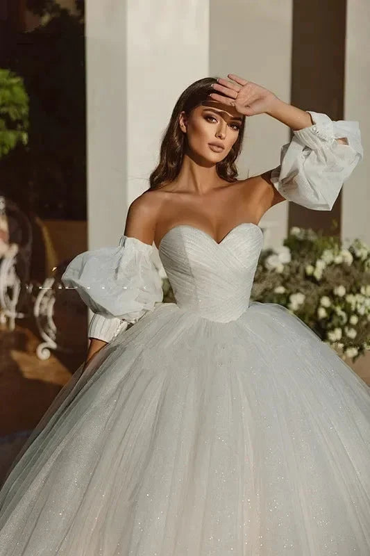 Elegant Saudi Arabia Shiny Wedding Dress Ball Gowns Glitter Tulle Sweetheart Bride Dresses Robe De Mariee Wedding Gowns 2023 (ZD14014)