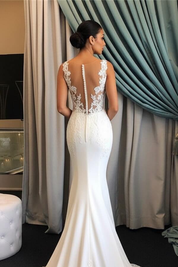 Elegant Sleeveless Mermaid Sheer Wedding Dresses |  Lace Sweep Train Bridal Gowns