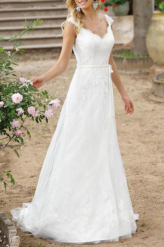Elegant Sleeveless V Neck White Lace A-Line Wedding Dresses