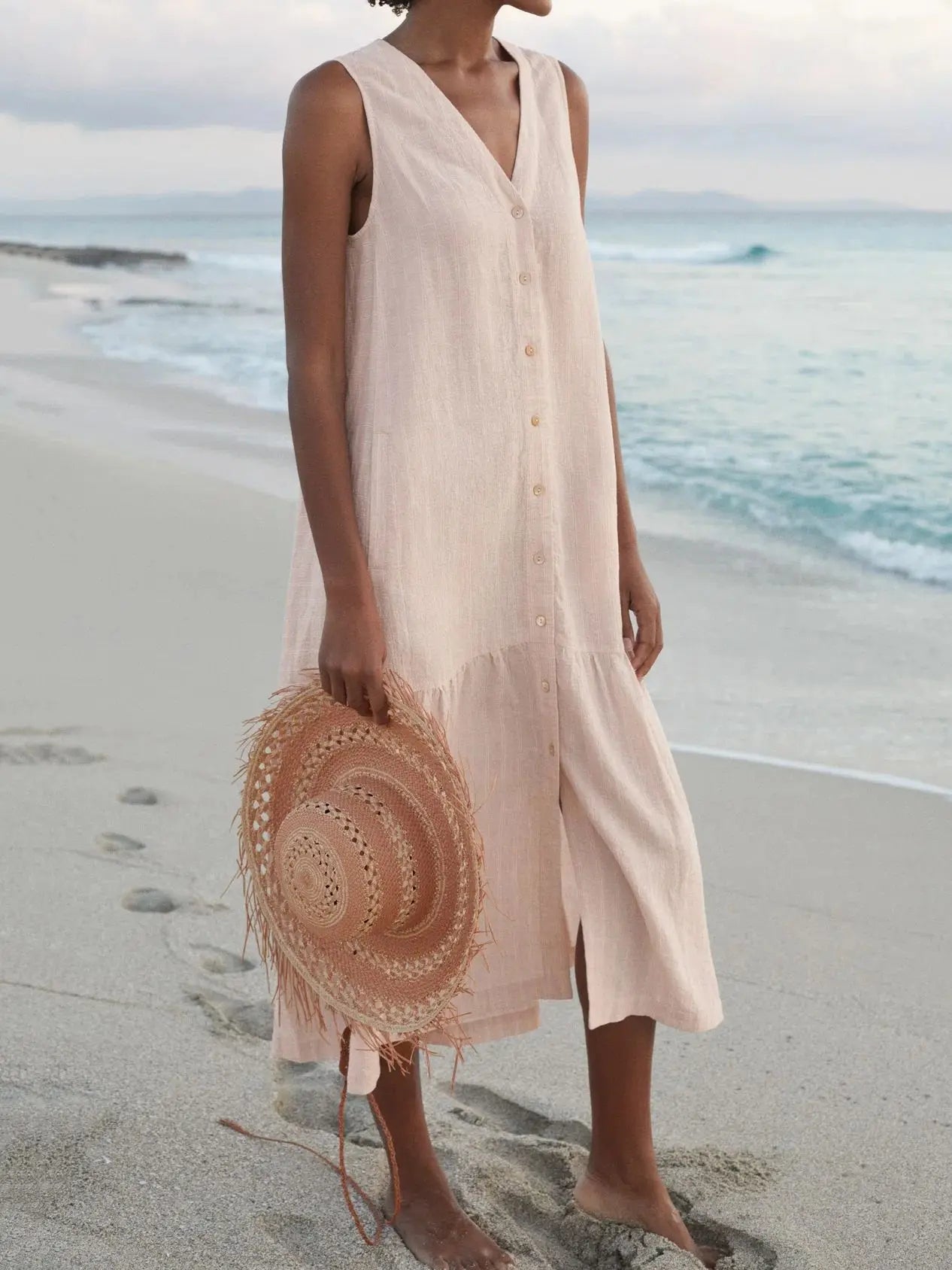 Elegant Solid Shirt Summer Sleeveless V Neck Harajuku Maxi Dress