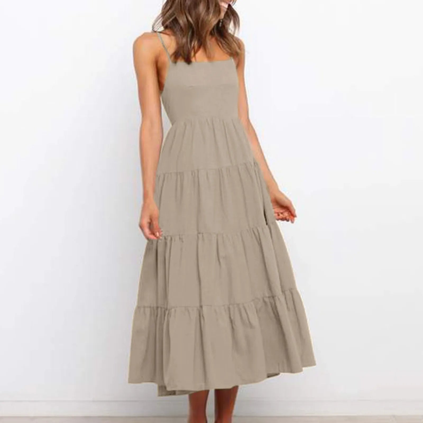 Elegant Spaghetti Strap Summer Backless Ruffles Beach Casual Black Dress