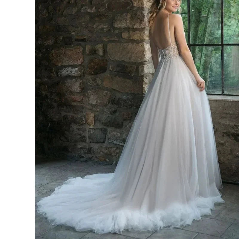 Elegant Spaghetti Straps Backless Pleat Sweetheart Sexy Wedding Dress Robe De Mariee Sofuge Boho Dubai Arabic Abiti Da Sposa (ZD14103)