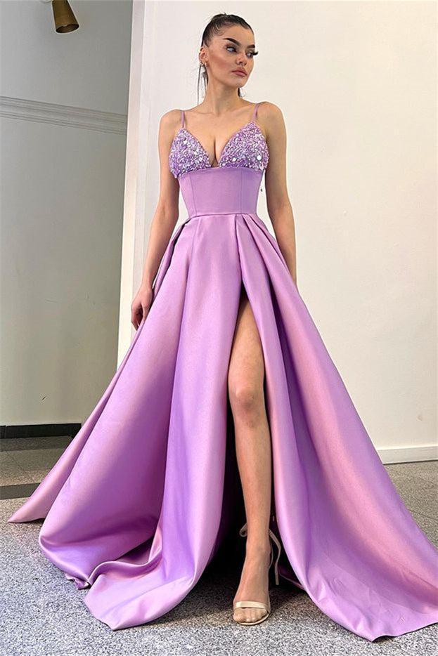 Elegant Spaghetti-Straps Split Sequins Evening Dresses