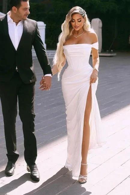 Elegant Split Front Off-The-Shoulder Stain Short Sleeves Floor-Length Wedding Dresses with Ruffles (ZD15620)