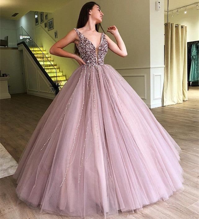 Elegant Straps Sleeveless Ball Gown Evening Dress | Floor-Length  Beading Tulle Prom Dresses