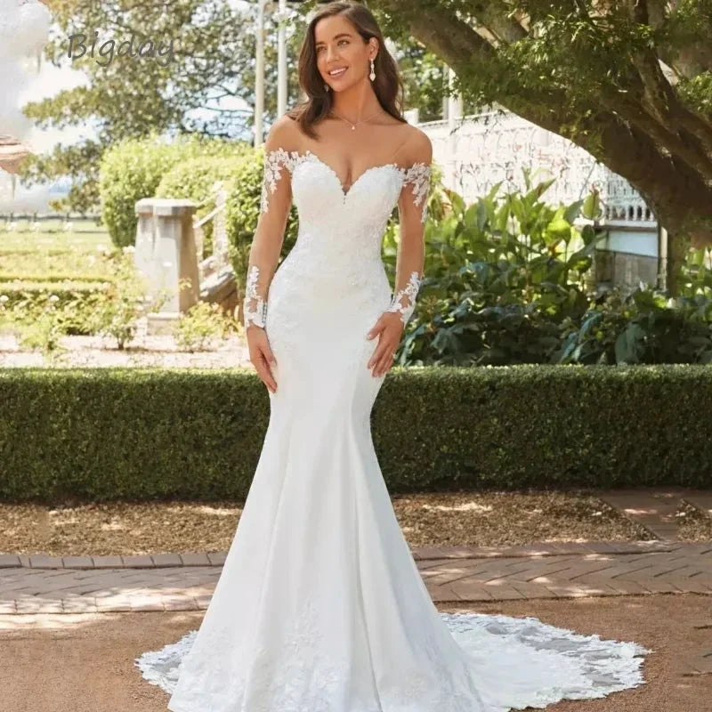 Elegant Sweetheart Mermaid Wedding Dress 2023 White Long Sleeve Open Back Lace Applique Bridal Gown Sweep Train Vestido De Novia (ZD13323)