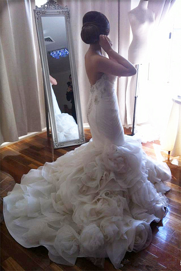 Elegant  Sweetheart Mermaid Wedding Dresses Ruffles Floral Beaded Bridal Gowns BO2676