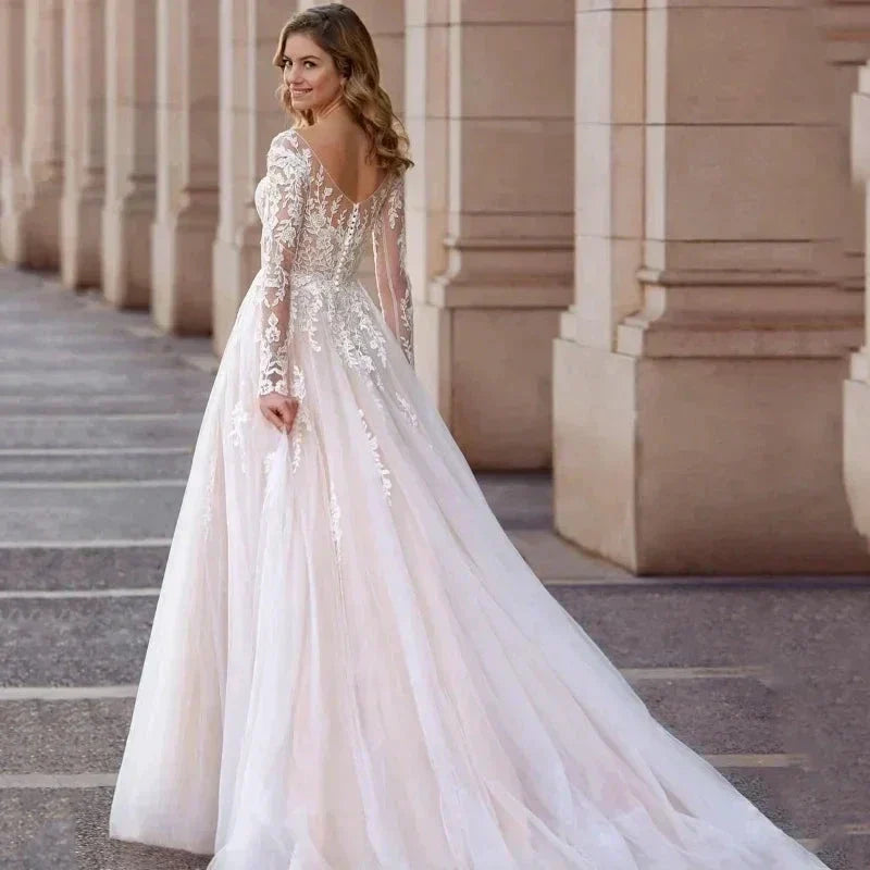 Elegant V-Neck Wedding Dresses Plus Size Lace Long Sleeve Women White Open Back Tulle Bridal Gown Sweep Train Vestidos De Novia (ZD14054) - View 2 | VelvetHem