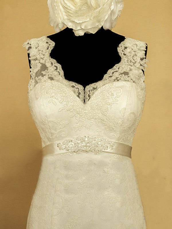 Elegant V-neck Lace Wedding Dress Mermaid Long Train Bridal Gowns with Beading Sash