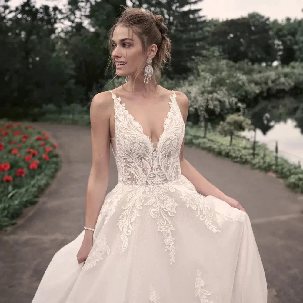 Elegant Wedding Dresses For Woman Popular Summer A-line V-Neck Sleeveless Appliques Open Back Vestidos De Novia (ZD14126)