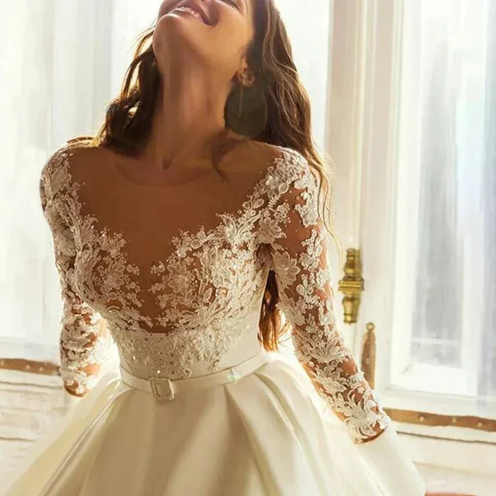 Elegant Wedding Dresses Long Sleeves For Women Princess A Line Bridal Gowns Custom Made Lace Appliques Satin Robe De Mariee (ZD13457)