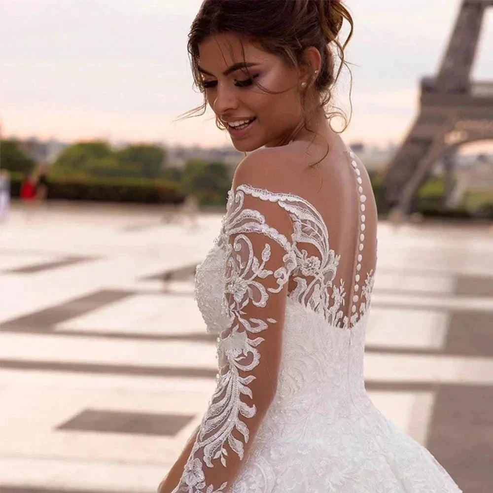 Elegant Wedding Dresses With Embroidery Princess Ball Gowns Sweetheart Full Sleeve Simplicity Back Button Vestido De Novia Robe (ZD14147)