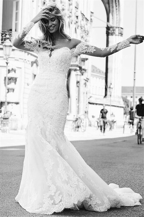 Elegant White Long Sleeves Lace Appliques Prom Dresses | Mermaid Sweep Train  Bridal Gown