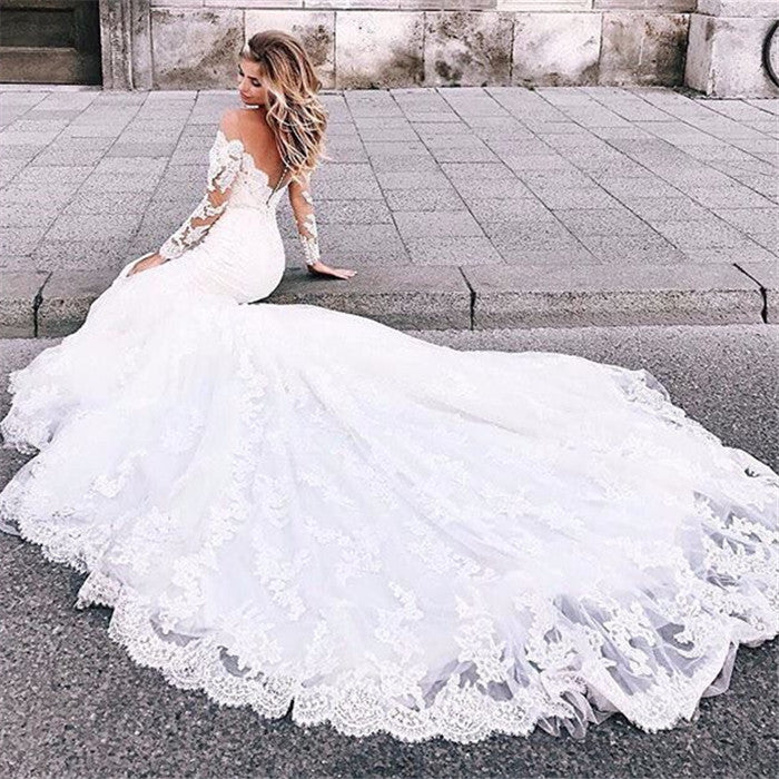 Elegant White Long Sleeves Lace Appliques Prom Dresses | Mermaid Sweep Train  Bridal Gown