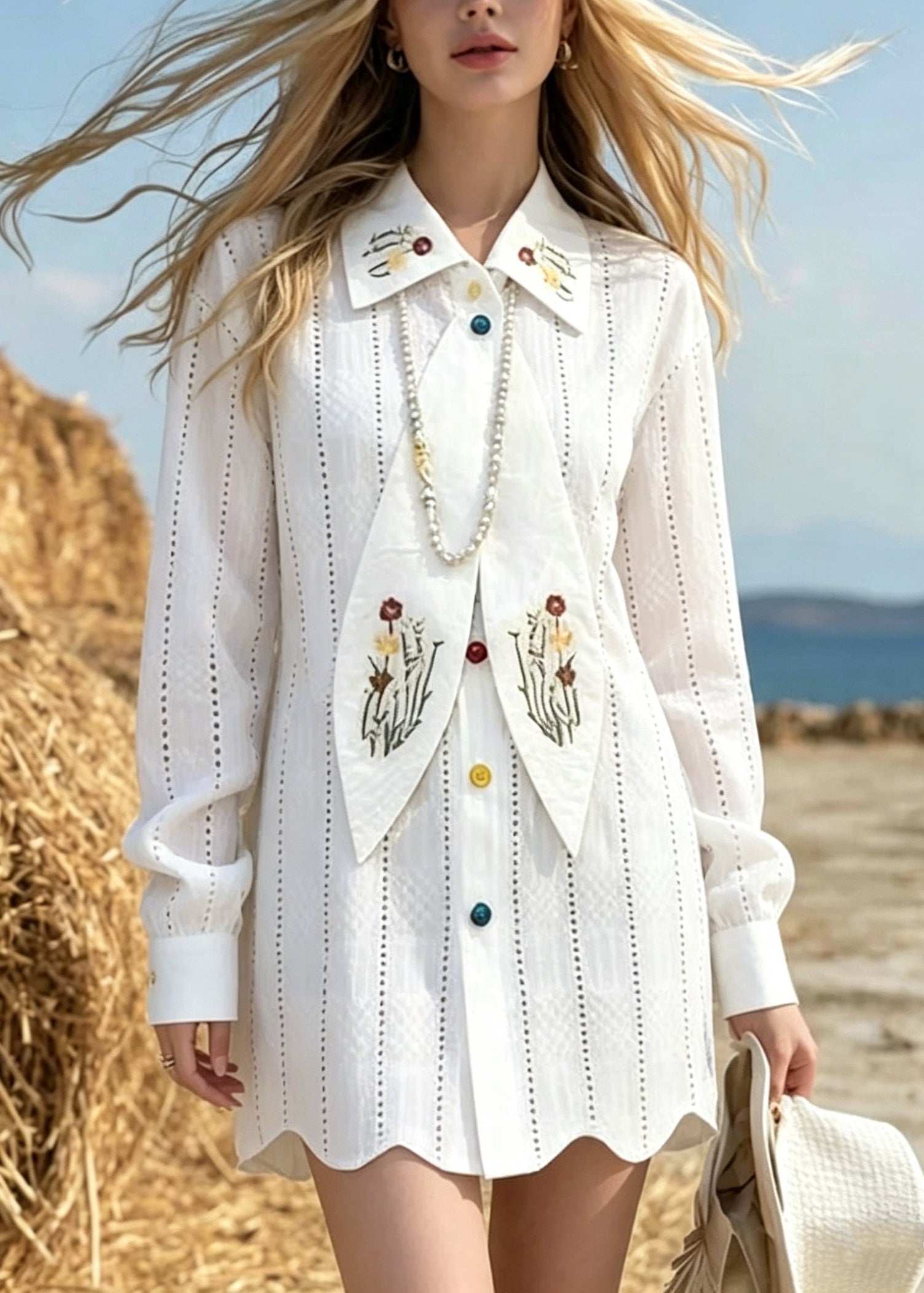 Elegant White Peter Pan Collar Print Cotton Mini Dress Spring