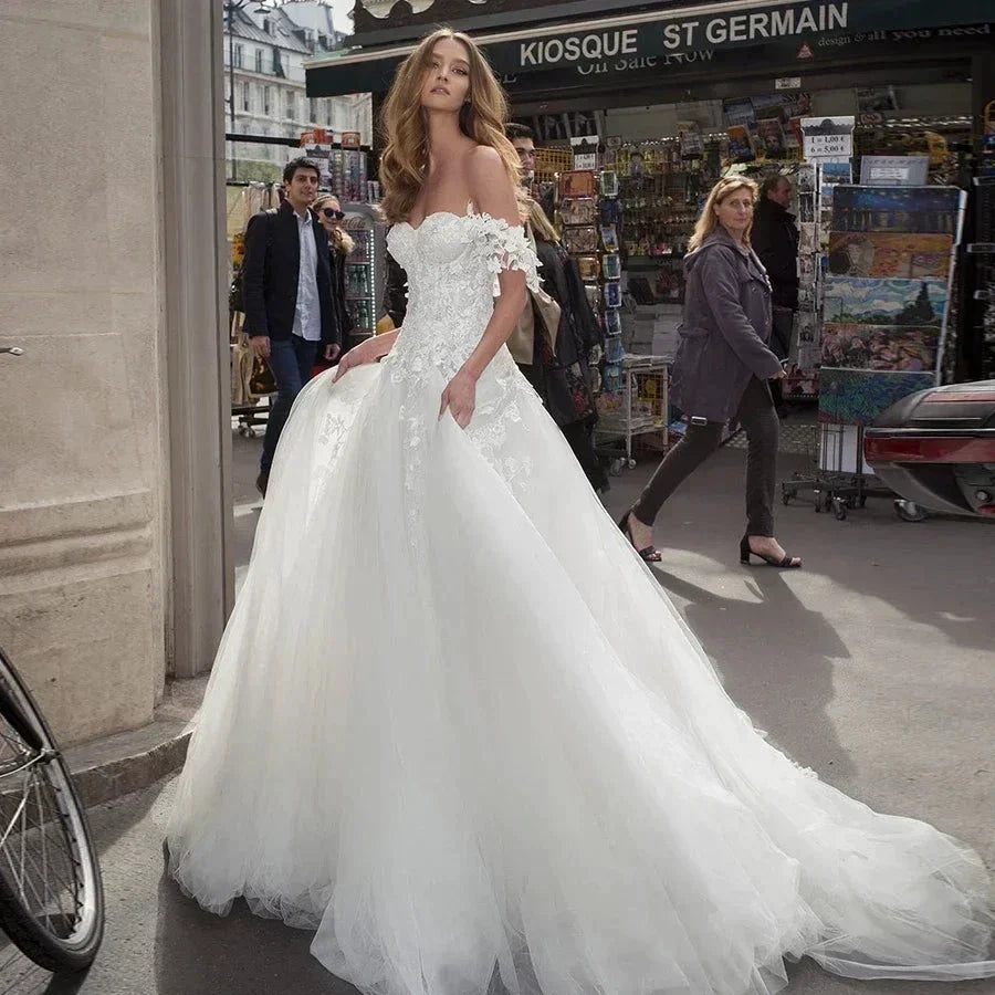 Elegant White Tulle Wedding Dresses Off the Shoulder Sweetheart Custom Made Appliques Bridal Gowns Backless Vestidos De Novia by payinti