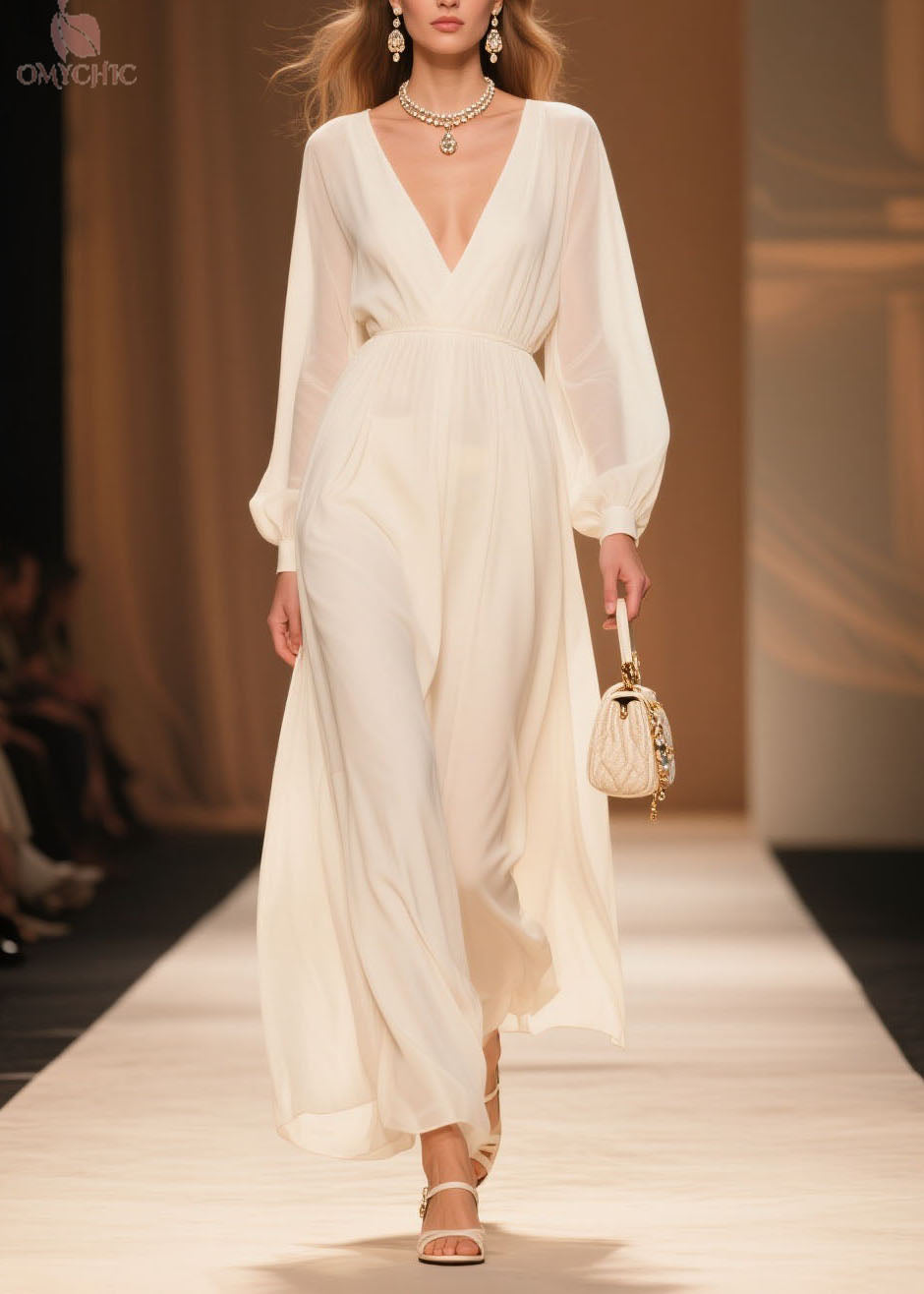 Elegant White V Neck Patchwork Chiffon Dress Spring