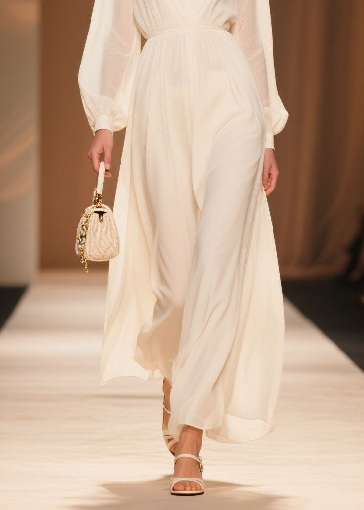 Elegant White V Neck Patchwork Chiffon Dress Spring
