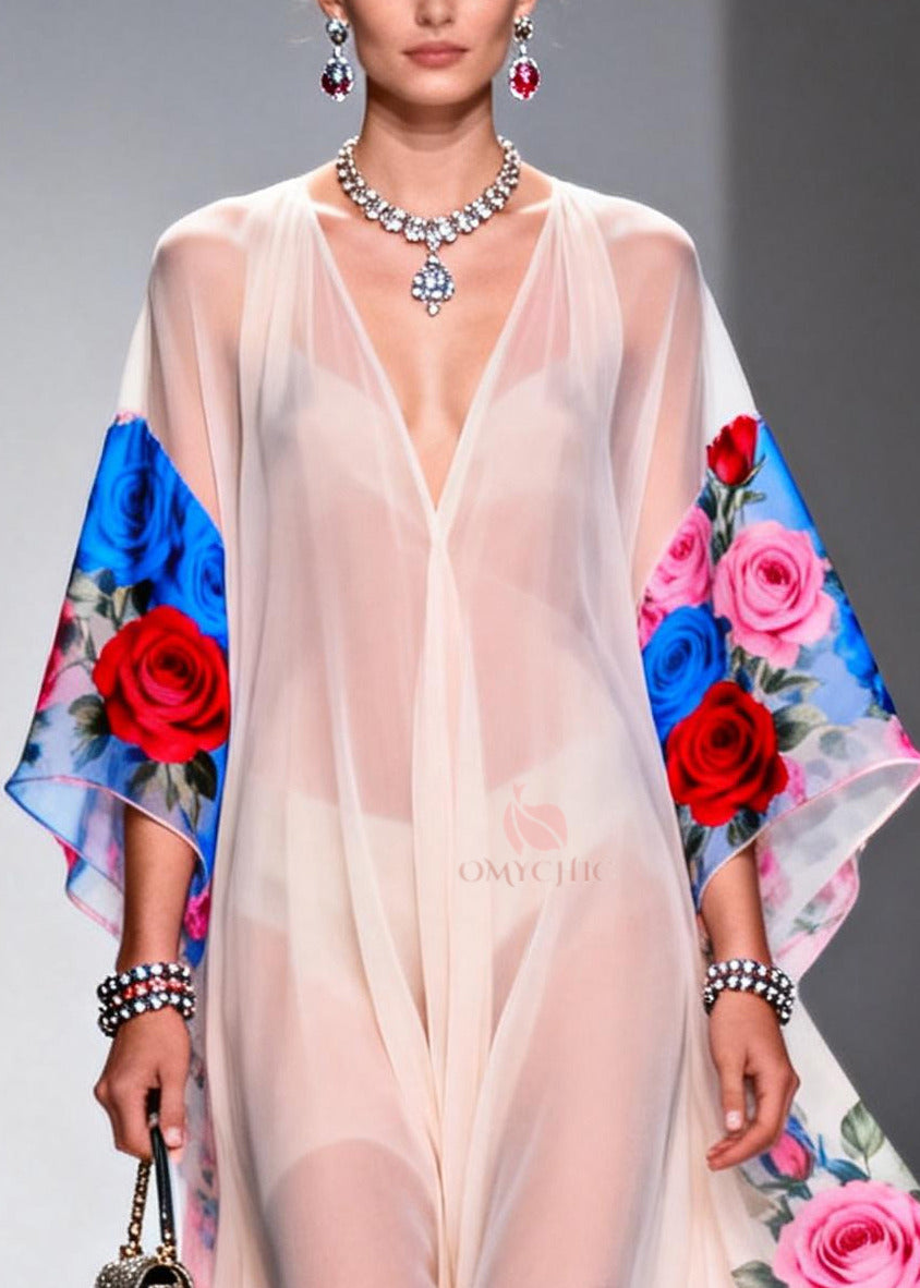 Elegant White V Neck Print Chiffon Beach Dress Summer
