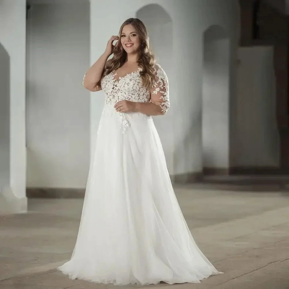 Elegant White V-neck Half Sleeve Bridal Gown Lace Applique Plus Size Floor-Length Wedding Dress for Women vestidos de novia (ZD14207)