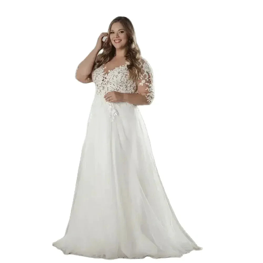 Elegant White V-neck Half Sleeve Bridal Gown Lace Applique Plus Size Floor-Length Wedding Dress for Women vestidos de novia by payinti