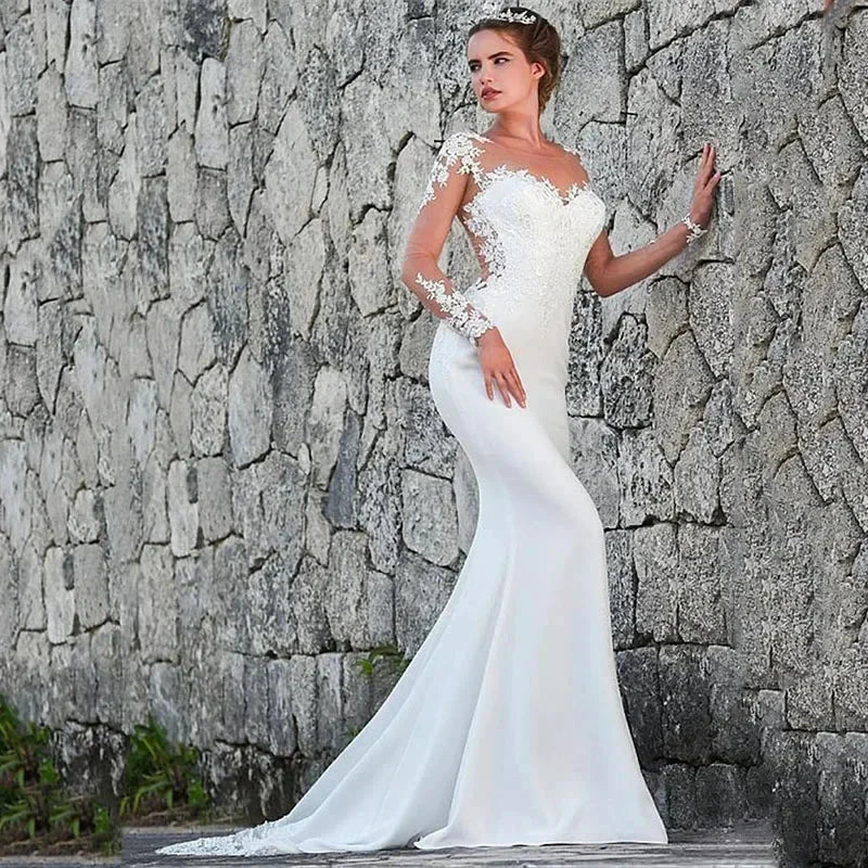 Elegant white bridal gown crew neck Long Sleeve Decal Crystal beaded floor-length long sleeve mermaid wedding dress with train (ZD14218)