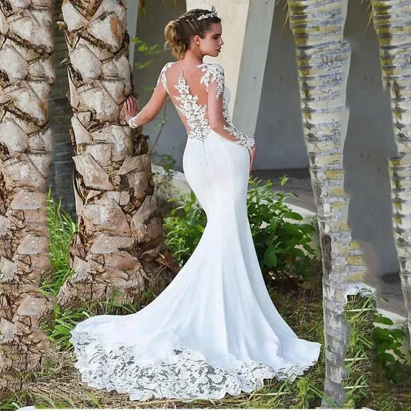 Elegant white bridal gown crew neck Long Sleeve Decal Crystal beaded floor-length long sleeve mermaid wedding dress with train (ZD14218)