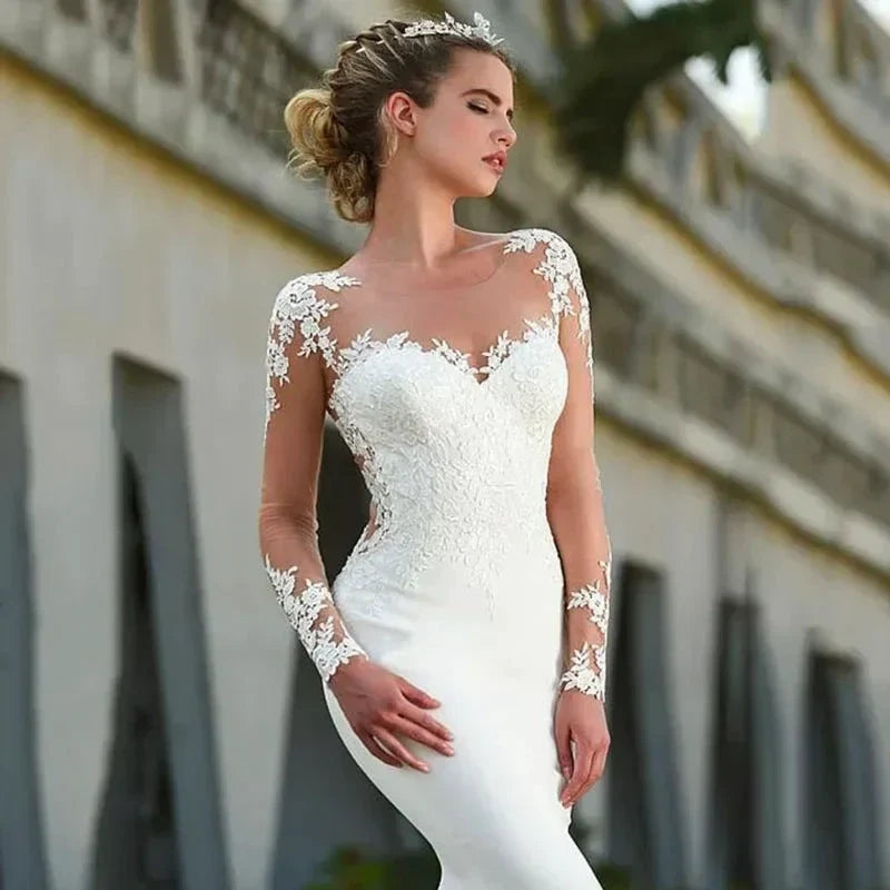 Elegant white bridal gown crew neck Long Sleeve Decal Crystal beaded floor-length long sleeve mermaid wedding dress with train (ZD14218)