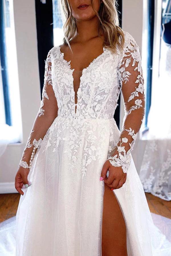 Elegant A-line V Neck Lace Long Sleeves Wedding Dresses (ZD16216) - View 3 | VelvetHem