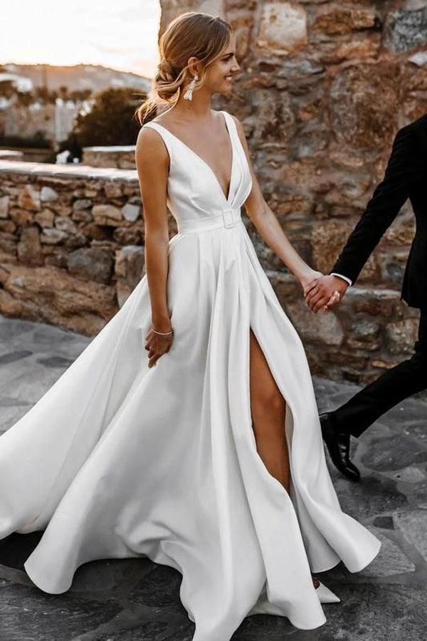 Elegant  A-line Satin V-neckline Sweep Train Wedding Dresses (ZD16234)