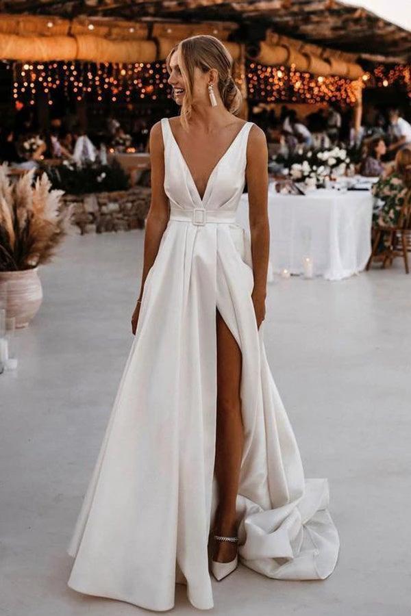 Elegant  A-line Satin V-neckline Sweep Train Wedding Dresses (ZD16234)