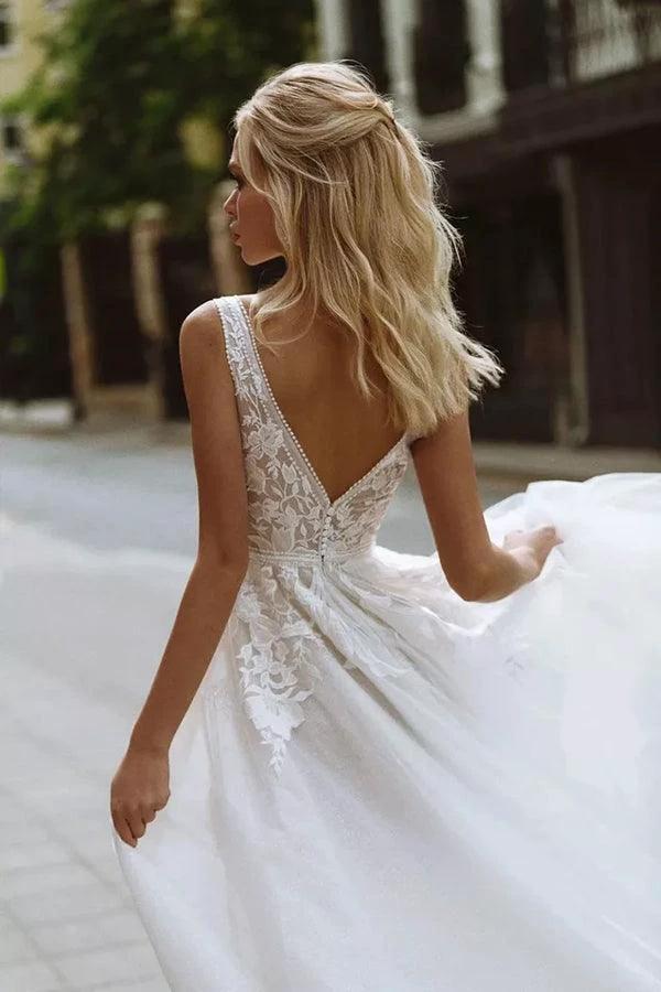 Elegant A-line V Neck Lace Beach Wedding Dresses Bridal Gown (ZD16196)