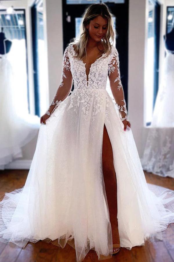 Elegant A-line V Neck Lace Long Sleeves Wedding Dresses (ZD16216)