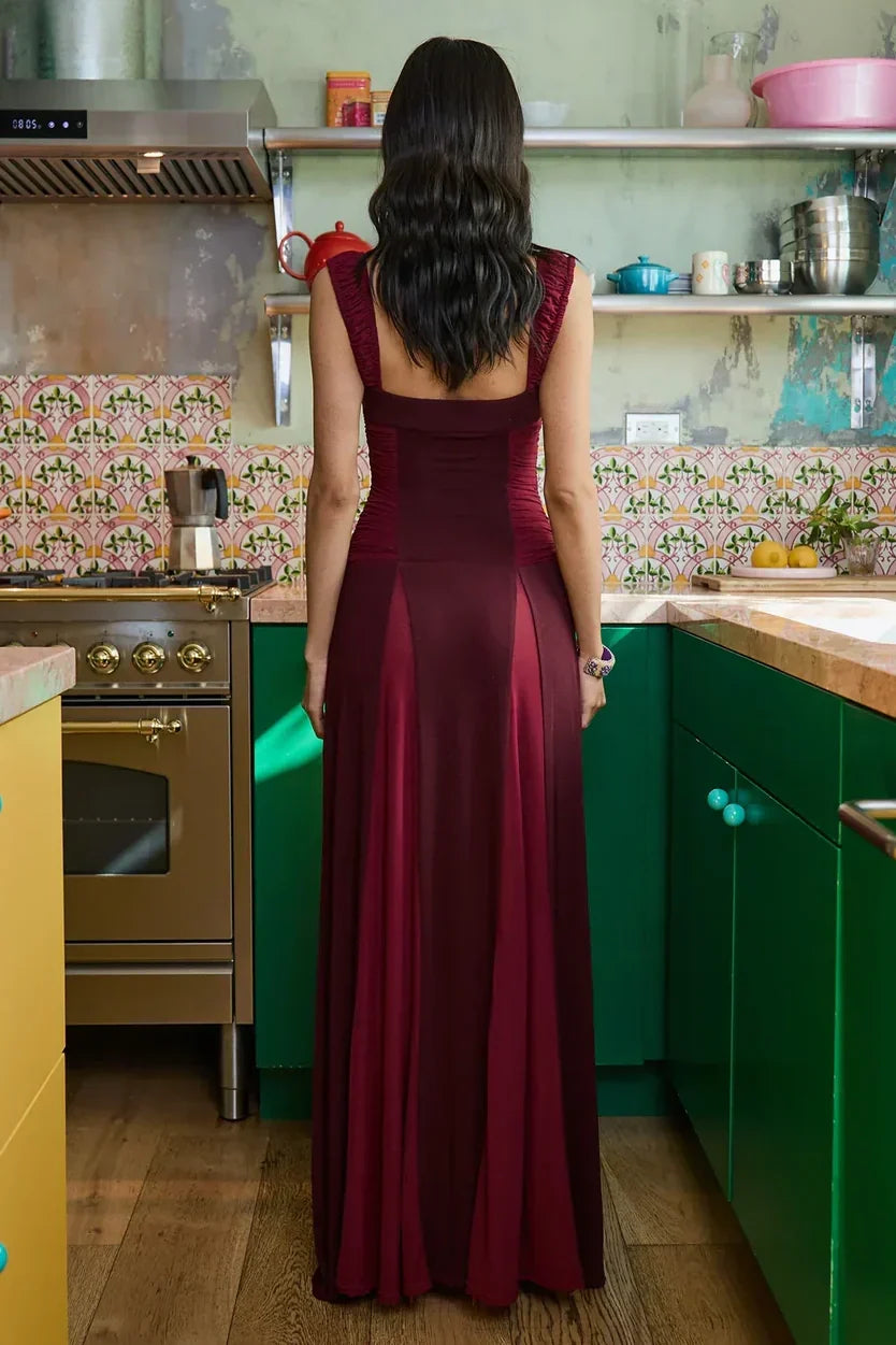 Elegant A Line Square Neck Burgundy Long Prom Dress with Ruffles
