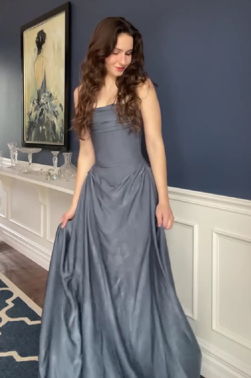 Romantic A Line Strapless Grey Blue Long Prom Dress with Ruffles