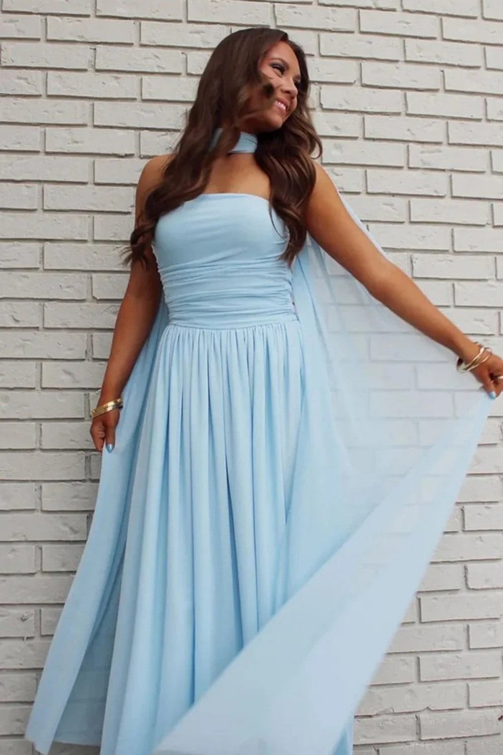 Elegant A Line Strapless Light Blue Long Prom Dress with Scarf