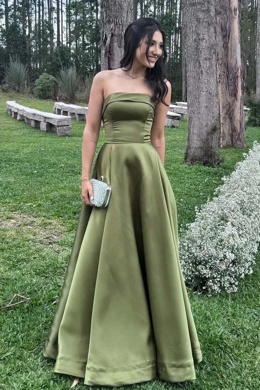 Elegant A-Line Strapless Mint Green Long Prom Dress with Criss Cross Back - FashionDia