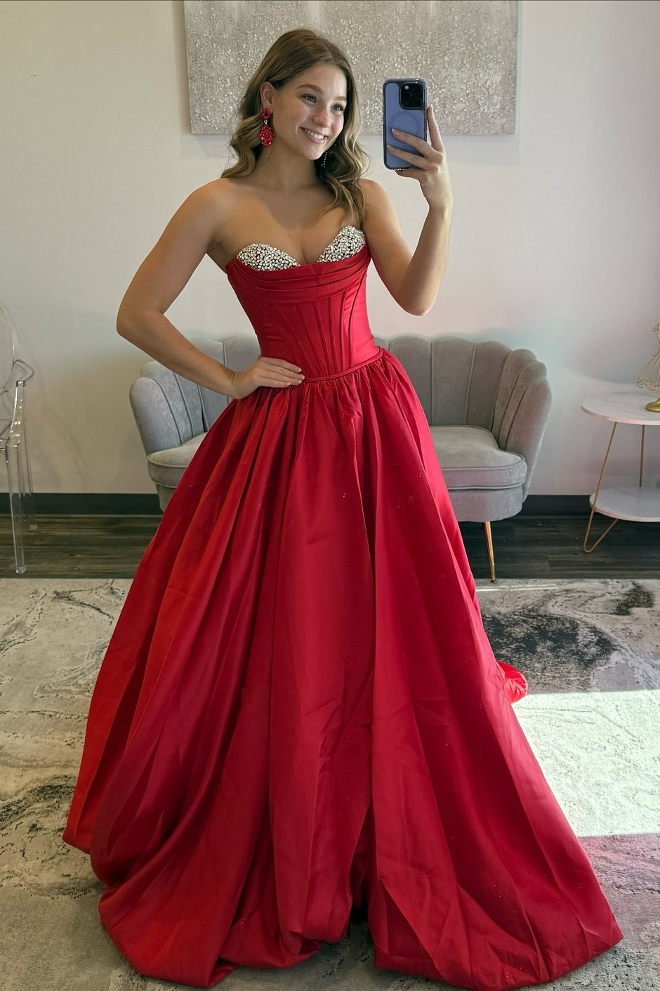 Elegant A Line Sweetheart Red Corset Prom Dress with Beading