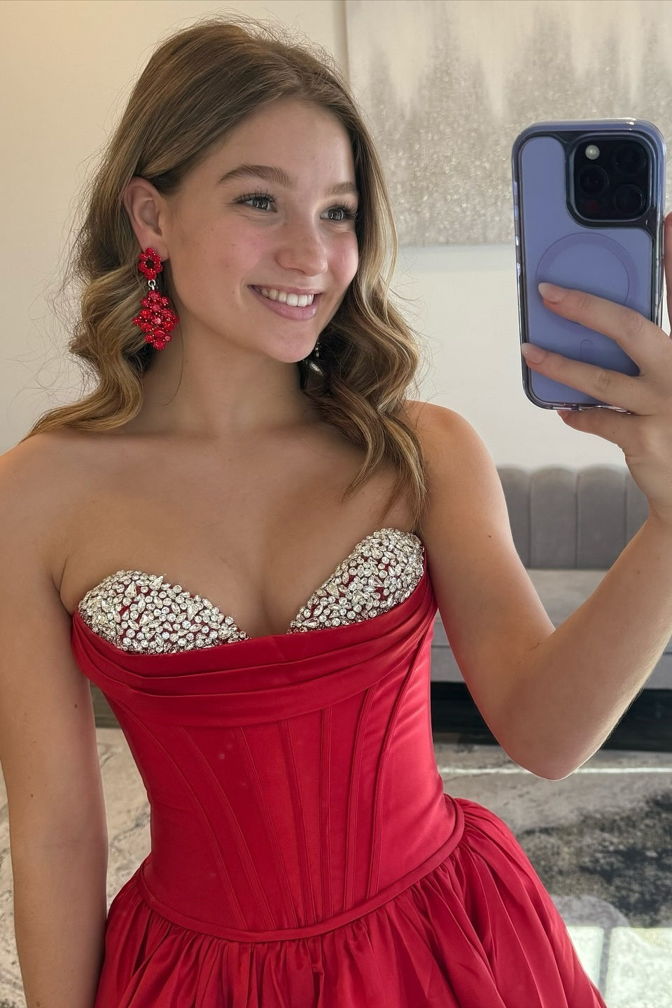 Elegant A Line Sweetheart Red Corset Prom Dress with Beading