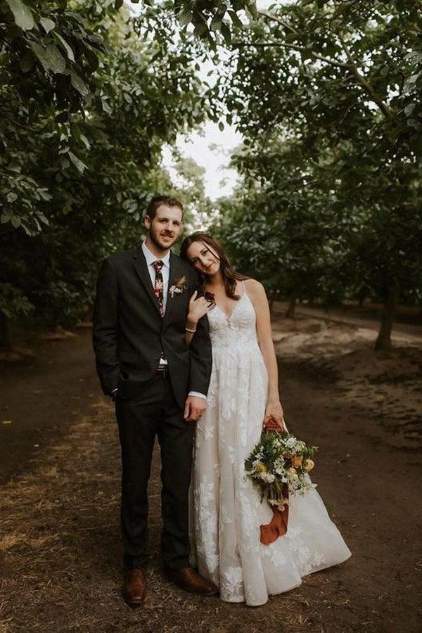 Elegant Appliqued Straps V-Neck Backless A-line Wedding Dresses (ZD16245)