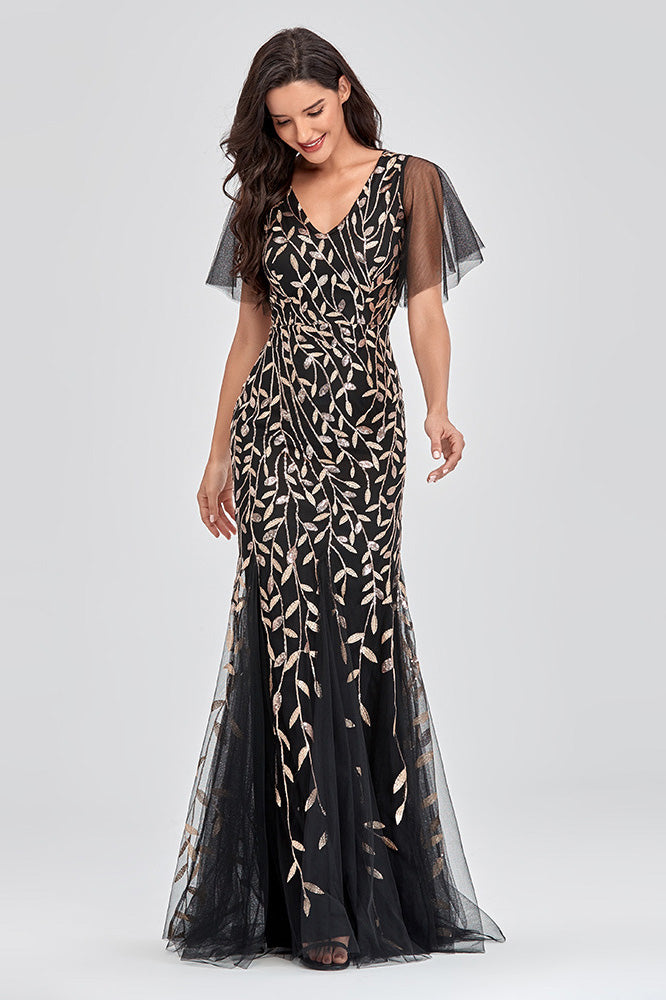 Elegant Black Embroidered Mermaid Tulle Evening Prom Dress - Fashionpara
