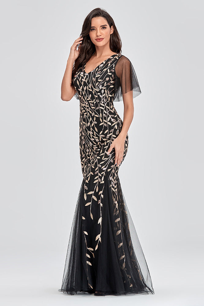 Elegant Black Embroidered Mermaid Tulle Evening Prom Dress - Fashionpara