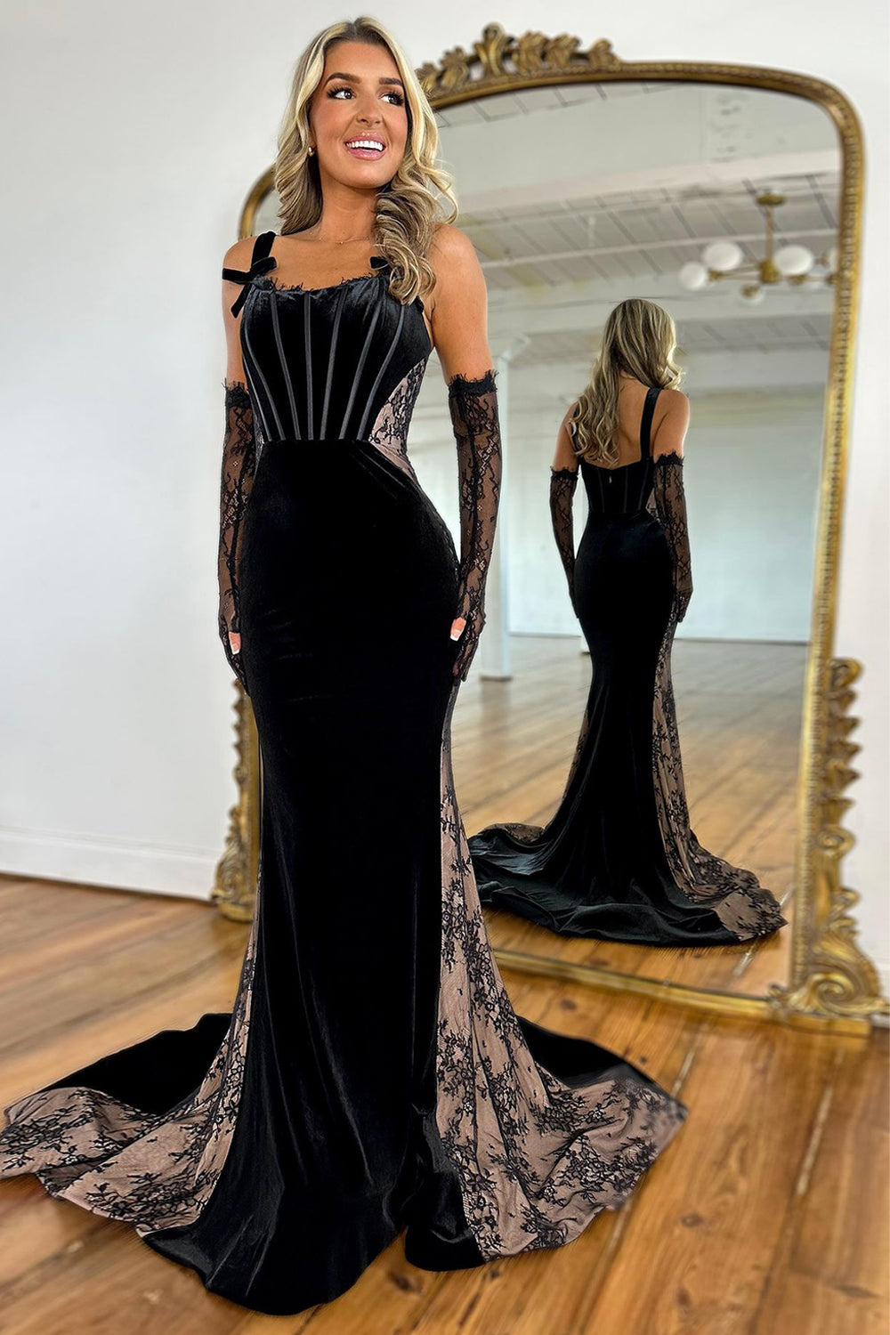 Elegant Black Mermaid Straps Long Sweep Train Velvet and Lace Prom Dress - FashionDia